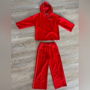Elegant Red Women's Loungewear Set with Pearl Accents